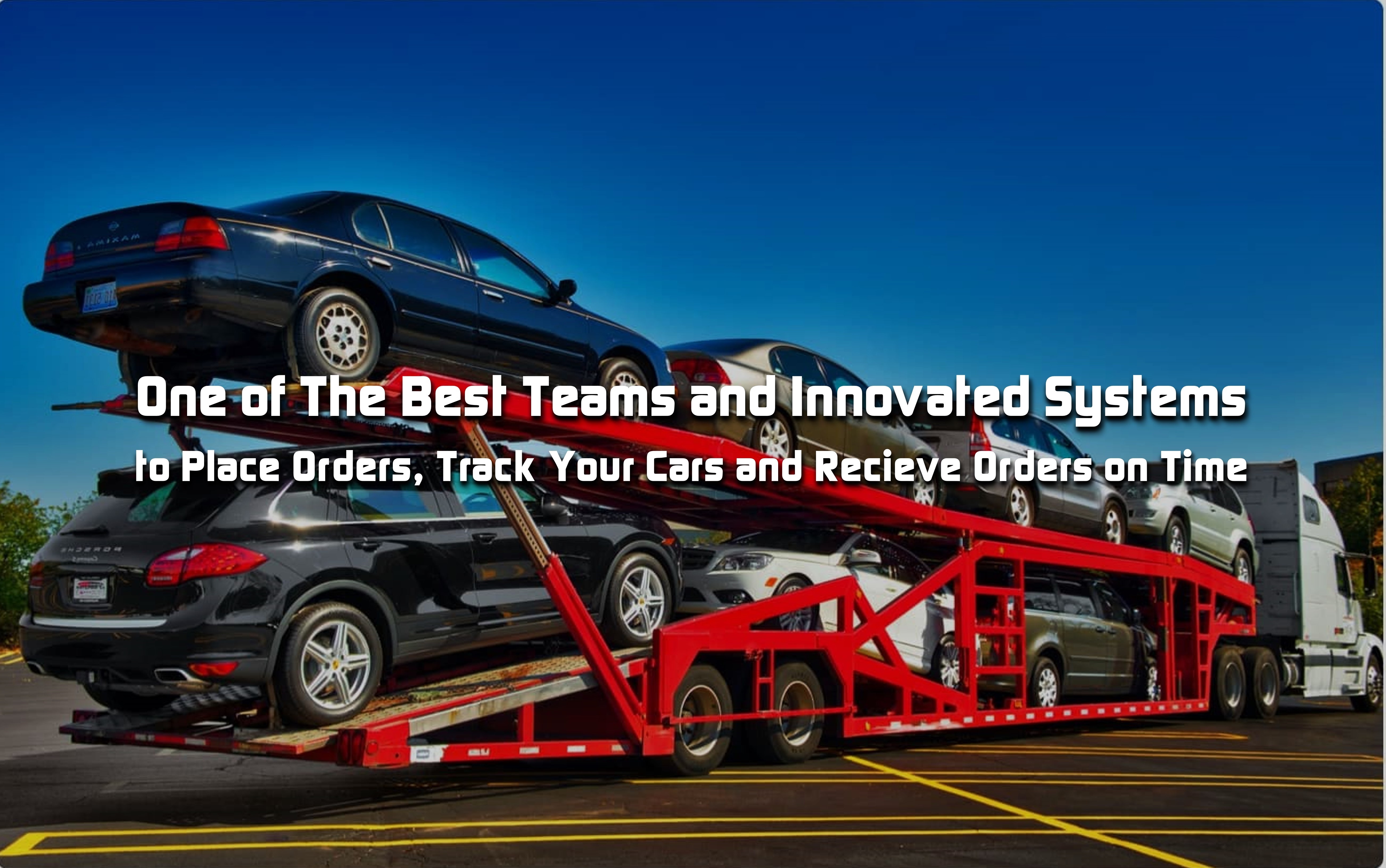 A multi-level car carrier loaded with vehicles.
